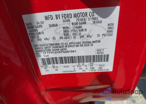 2007 Ford F-150 Lariat/Stx/Xl/Xlt z USA, uszkodzony, nr VIN 1FTPX12V57NA61561